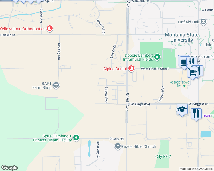 map of restaurants, bars, coffee shops, grocery stores, and more near 1753 South 22nd Avenue in Bozeman