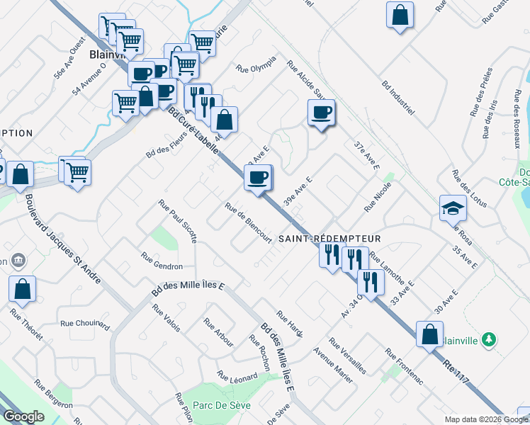 map of restaurants, bars, coffee shops, grocery stores, and more near 681 Boulevard Curé-Labelle in Blainville