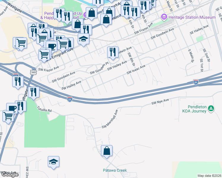 map of restaurants, bars, coffee shops, grocery stores, and more near 821 Southwest 12th Street in Pendleton