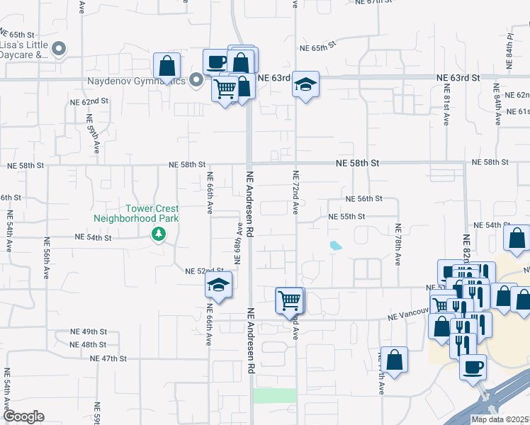 map of restaurants, bars, coffee shops, grocery stores, and more near 5501 Northeast 69th Avenue in Vancouver