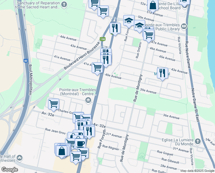 map of restaurants, bars, coffee shops, grocery stores, and more near 13535 Rue Forsyth in Montréal