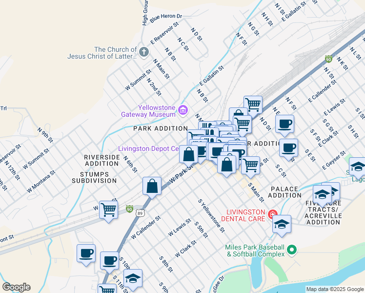 map of restaurants, bars, coffee shops, grocery stores, and more near 207 West Chinook Street in Livingston