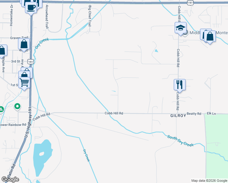 map of restaurants, bars, coffee shops, grocery stores, and more near 301-799 Hickory Lane in Bozeman