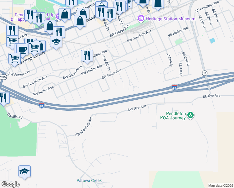map of restaurants, bars, coffee shops, grocery stores, and more near 840 Southwest 9th Street in Pendleton