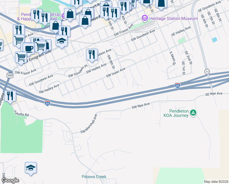 map of restaurants, bars, coffee shops, grocery stores, and more near 840 Southwest 9th Street in Pendleton