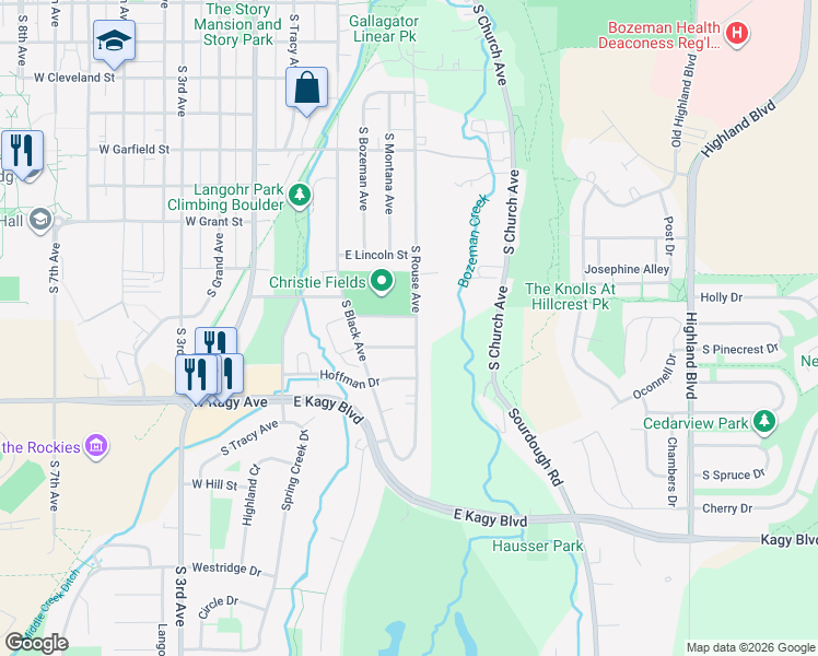 map of restaurants, bars, coffee shops, grocery stores, and more near 1601-1615 S Rouse Ave in Bozeman