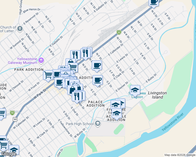 map of restaurants, bars, coffee shops, grocery stores, and more near 121 South E Street in Livingston