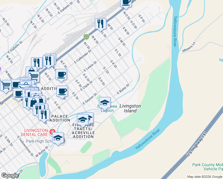 map of restaurants, bars, coffee shops, grocery stores, and more near 322 S I St in Livingston