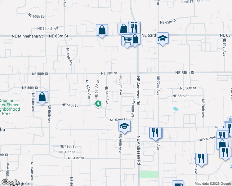 map of restaurants, bars, coffee shops, grocery stores, and more near 5518 Northeast 66th Avenue in Vancouver