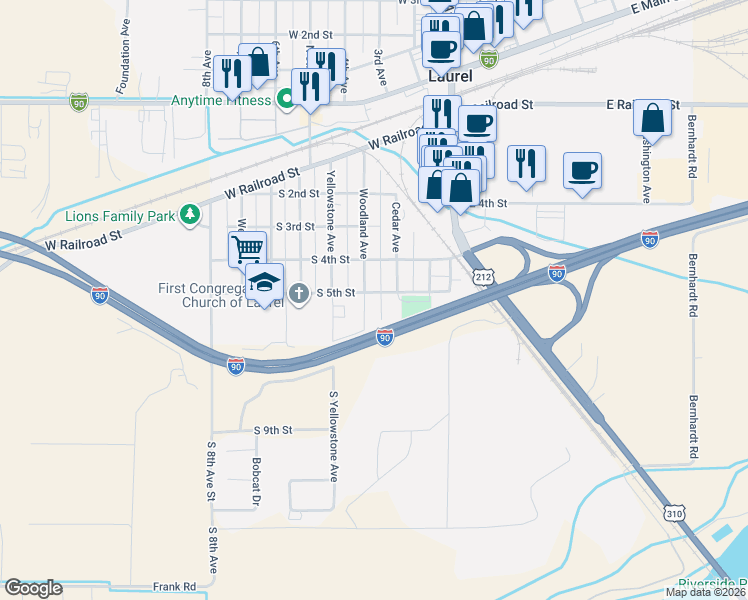 map of restaurants, bars, coffee shops, grocery stores, and more near 410 Woodland Avenue in Laurel