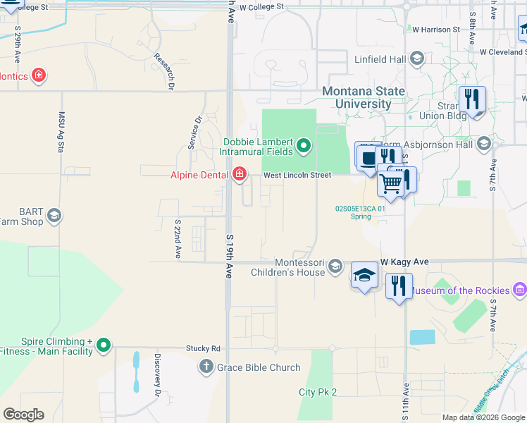 map of restaurants, bars, coffee shops, grocery stores, and more near 1523 Alder Court Lane in Bozeman