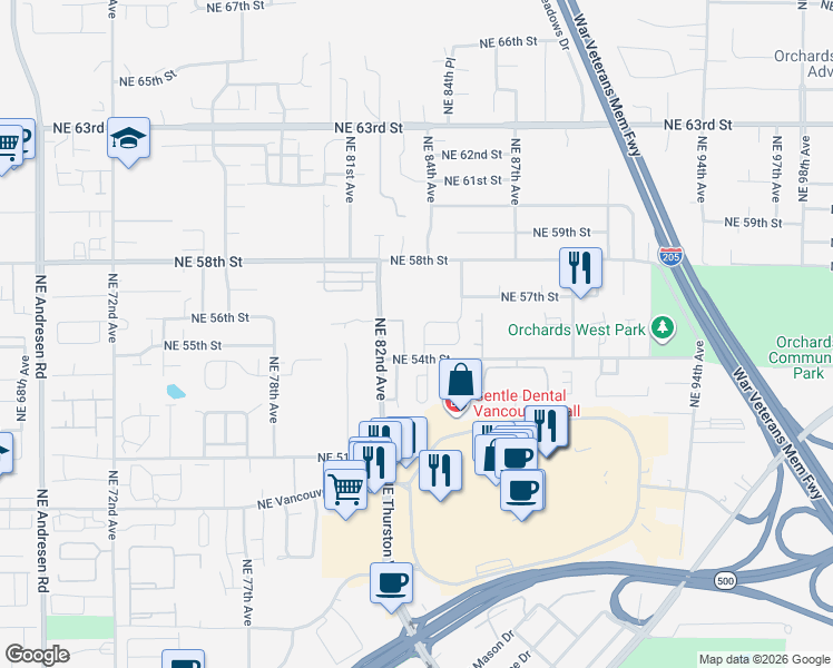 map of restaurants, bars, coffee shops, grocery stores, and more near 5602 Northeast 84th Avenue in Vancouver