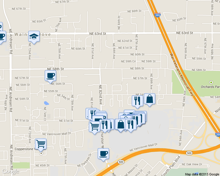 map of restaurants, bars, coffee shops, grocery stores, and more near 5602 Northeast 84th Avenue in Vancouver