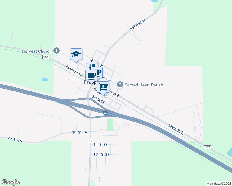 map of restaurants, bars, coffee shops, grocery stores, and more near 110 3rd Avenue Northeast in Freeport