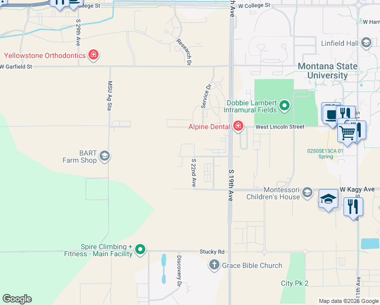 map of restaurants, bars, coffee shops, grocery stores, and more near 2211 Remington Way in Bozeman