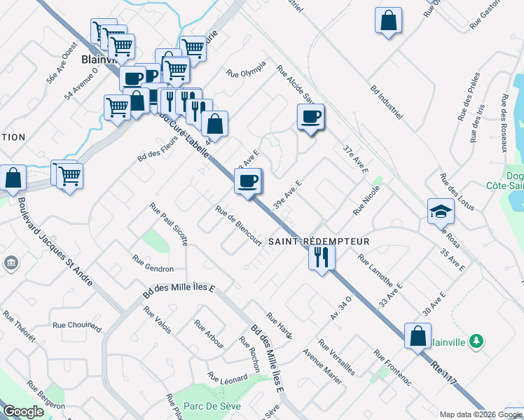 map of restaurants, bars, coffee shops, grocery stores, and more near 681 Boulevard Curé-Labelle in Blainville