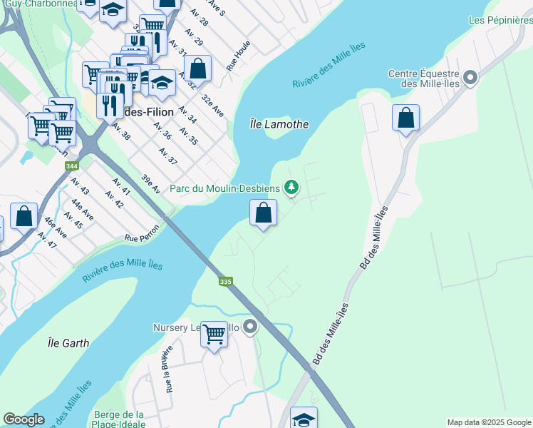 map of restaurants, bars, coffee shops, grocery stores, and more near 465 Rue Ricard in Laval