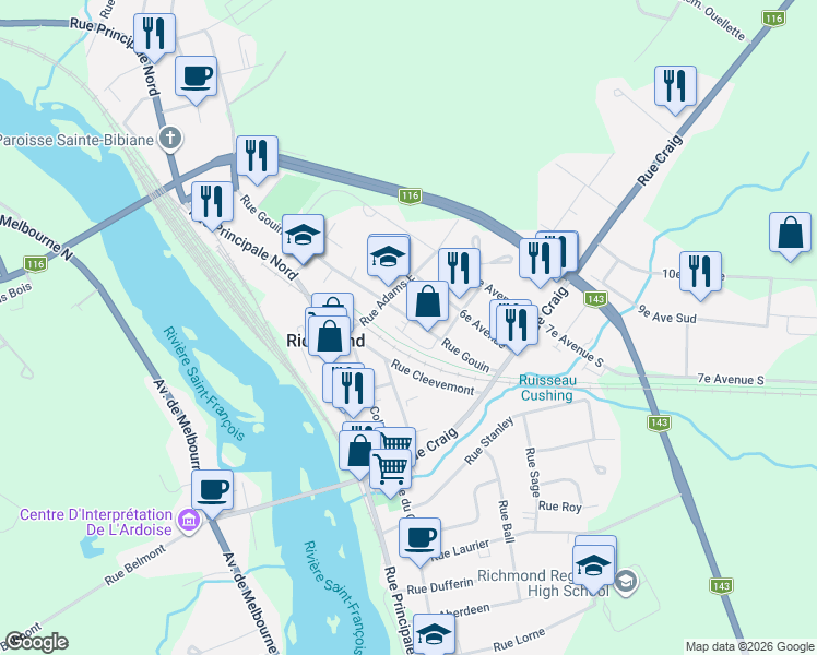 map of restaurants, bars, coffee shops, grocery stores, and more near 275 Rue Gouin in Richmond