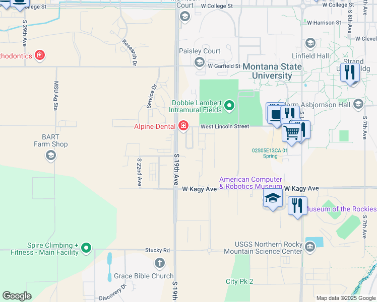 map of restaurants, bars, coffee shops, grocery stores, and more near 1820 Remington Way in Bozeman