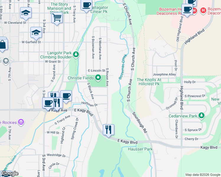 map of restaurants, bars, coffee shops, grocery stores, and more near 1536 S Rouse Ave in Bozeman