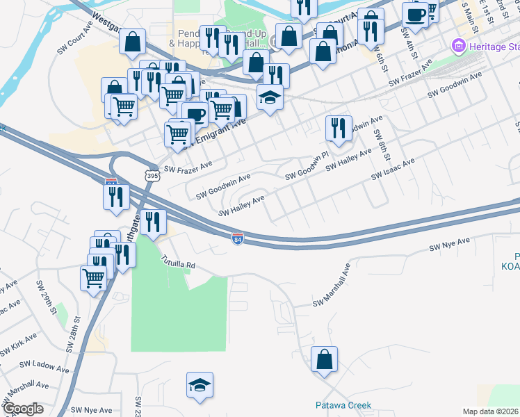 map of restaurants, bars, coffee shops, grocery stores, and more near 1613 Southwest Hailey Avenue in Pendleton