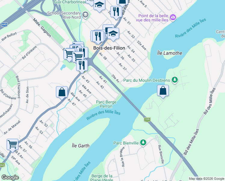 map of restaurants, bars, coffee shops, grocery stores, and more near 8 41E AVE in Bois-des-Filion