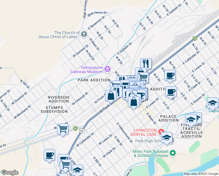 map of restaurants, bars, coffee shops, grocery stores, and more near 308-310 North 2nd Street in Livingston