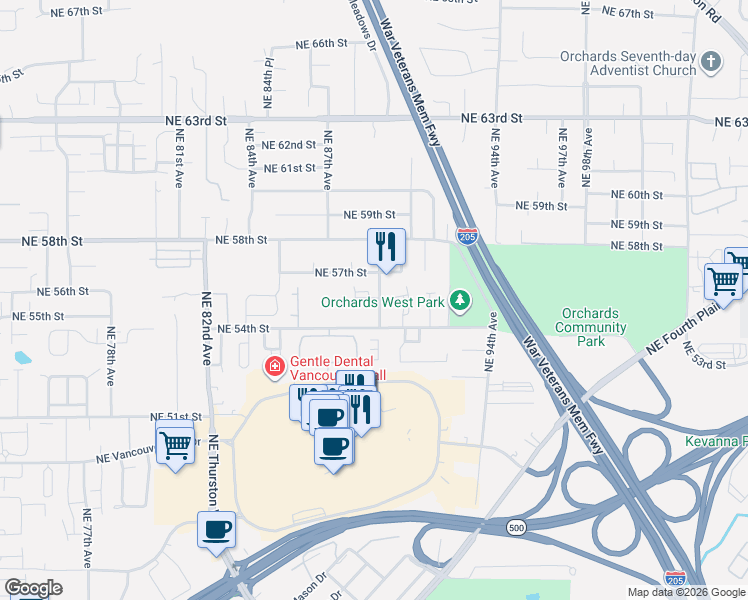 map of restaurants, bars, coffee shops, grocery stores, and more near 5606 Northeast 89th Avenue in Vancouver
