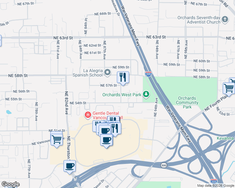 map of restaurants, bars, coffee shops, grocery stores, and more near 5606 Northeast 89th Avenue in Vancouver