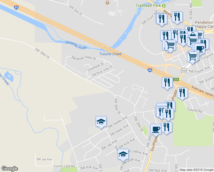 map of restaurants, bars, coffee shops, grocery stores, and more near 228 Southwest 28th Drive in Pendleton
