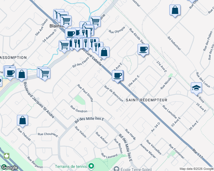 map of restaurants, bars, coffee shops, grocery stores, and more near 108 Rue de Biencourt in Blainville