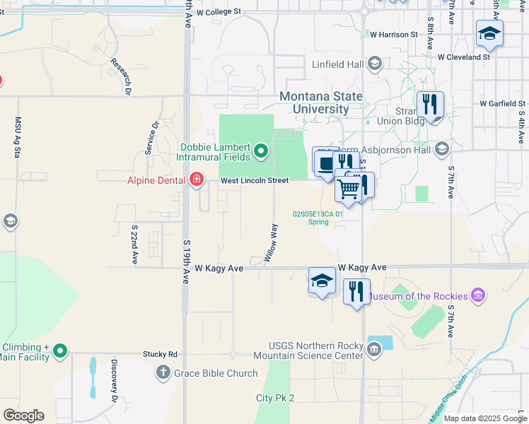 map of restaurants, bars, coffee shops, grocery stores, and more near 1611 Willow Way in Bozeman