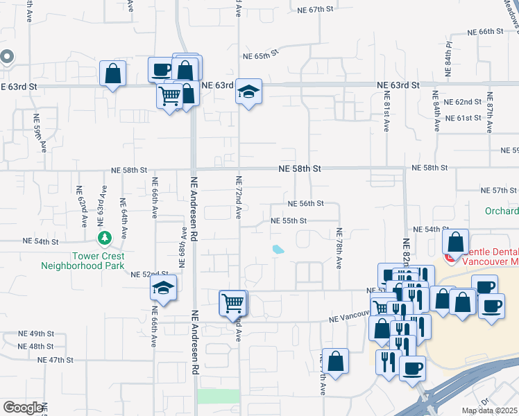 map of restaurants, bars, coffee shops, grocery stores, and more near 7309 Northeast 56th Street in Vancouver