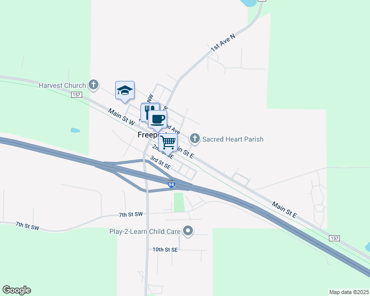 map of restaurants, bars, coffee shops, grocery stores, and more near 110 3rd Avenue Northeast in Freeport