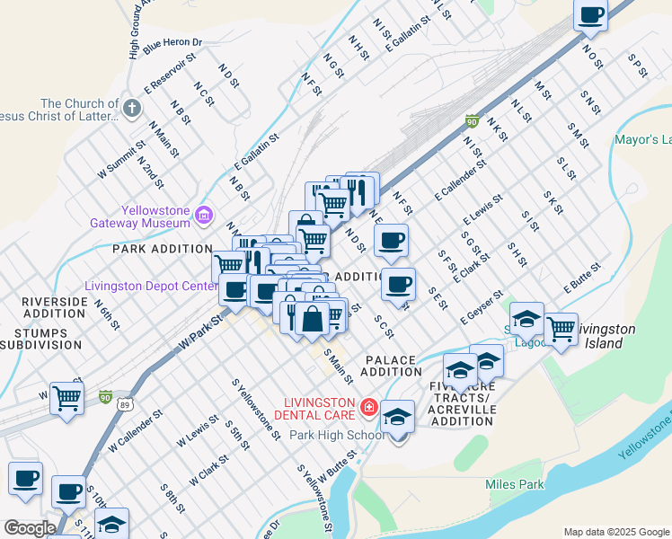 map of restaurants, bars, coffee shops, grocery stores, and more near 109 N D St in Livingston