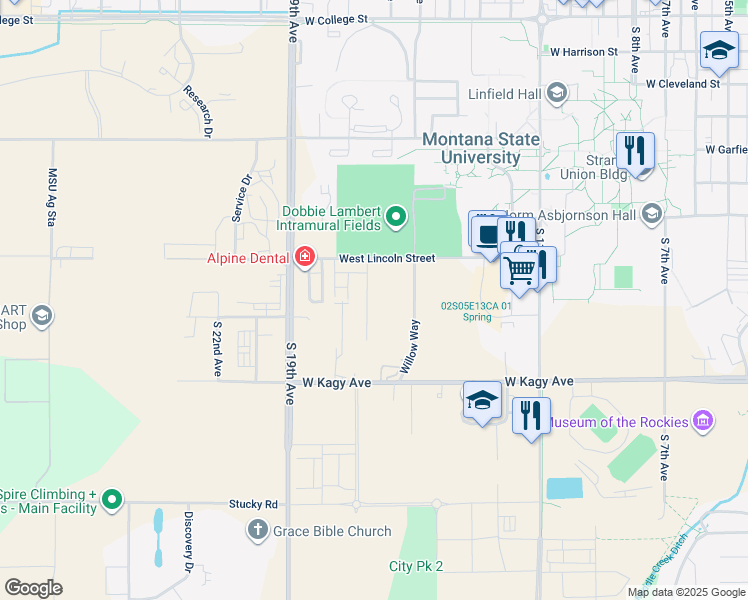 map of restaurants, bars, coffee shops, grocery stores, and more near 1611 Willow Way in Bozeman