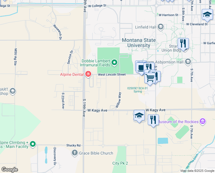 map of restaurants, bars, coffee shops, grocery stores, and more near 1523 Alder Court Lane in Bozeman