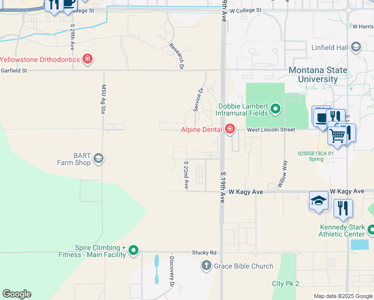 map of restaurants, bars, coffee shops, grocery stores, and more near 1753 South 22nd Avenue in Bozeman