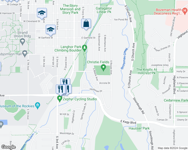 map of restaurants, bars, coffee shops, grocery stores, and more near 1613 South Black Avenue in Bozeman
