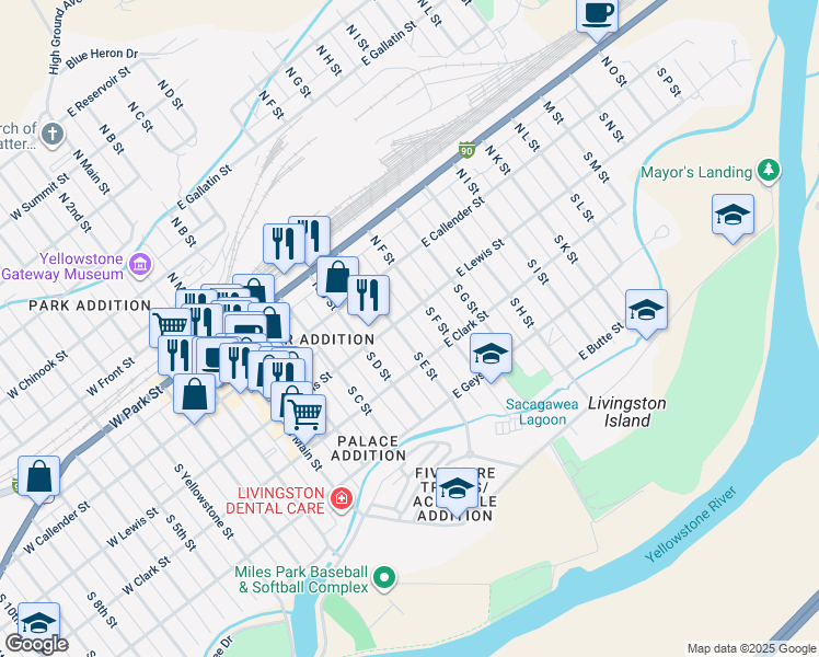 map of restaurants, bars, coffee shops, grocery stores, and more near 200-298 South F Street in Livingston