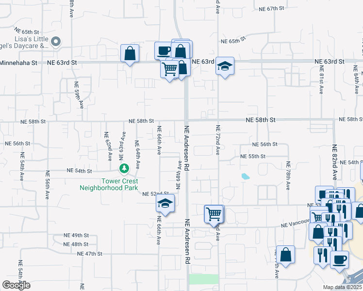 map of restaurants, bars, coffee shops, grocery stores, and more near 5605 Northeast 68th Avenue in Vancouver