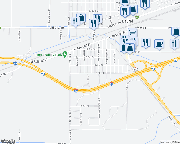 map of restaurants, bars, coffee shops, grocery stores, and more near 420 Durland Avenue in Laurel