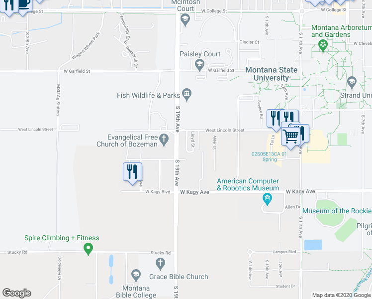 map of restaurants, bars, coffee shops, grocery stores, and more near 1610 Lloyd Street in Bozeman