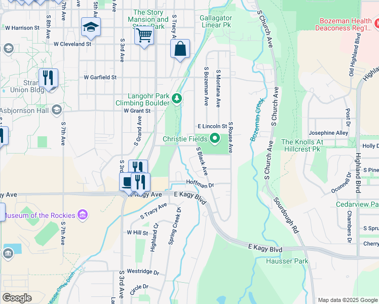 map of restaurants, bars, coffee shops, grocery stores, and more near 1601 South Black Avenue in Bozeman