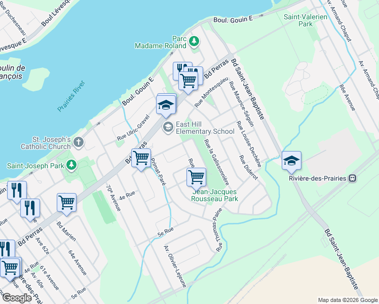 map of restaurants, bars, coffee shops, grocery stores, and more near 12449 Rue des Iris in Montréal