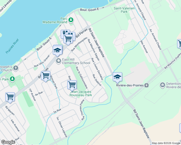 map of restaurants, bars, coffee shops, grocery stores, and more near 12346 Rue Diderot in Montréal