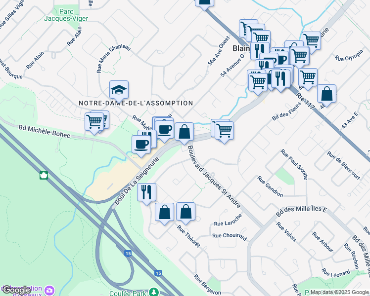 map of restaurants, bars, coffee shops, grocery stores, and more near 305 Boulevard de la Seigneurie Ouest in Blainville
