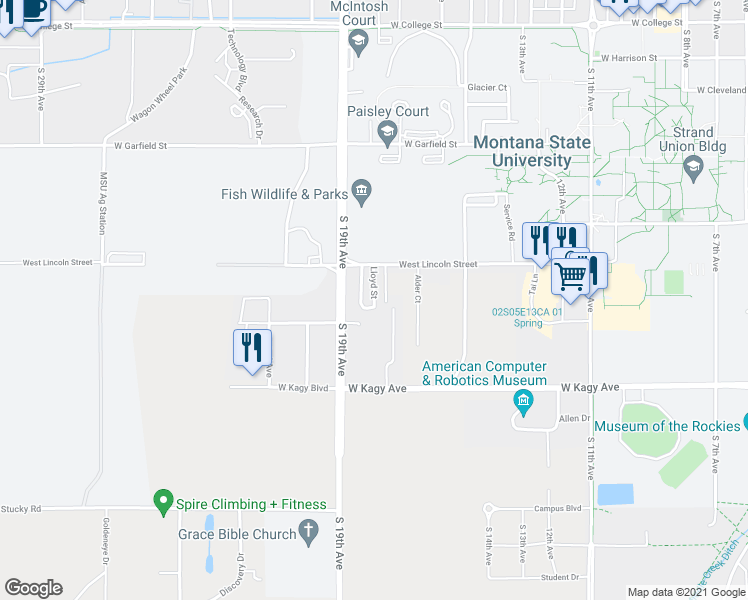 map of restaurants, bars, coffee shops, grocery stores, and more near 1610 Lloyd Street in Bozeman
