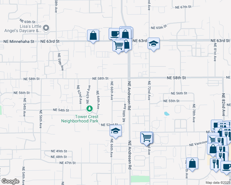 map of restaurants, bars, coffee shops, grocery stores, and more near 5601 Northeast 66th Avenue in Vancouver