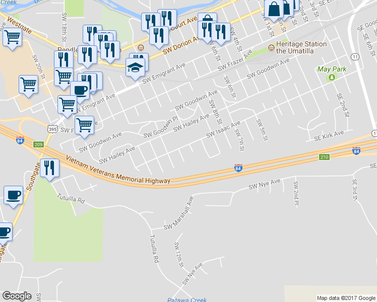 map of restaurants, bars, coffee shops, grocery stores, and more near 807 Southwest 11th Street in Pendleton